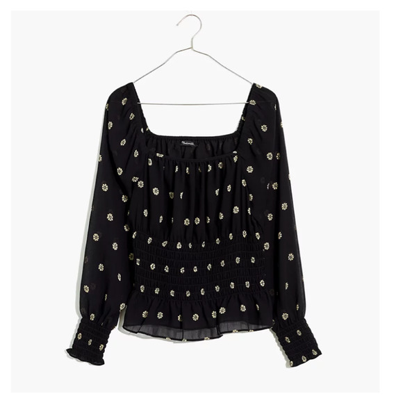 NWT Madewell Black Floral Print Square-Neck Smock-Waist Top - Picture 2 of 10